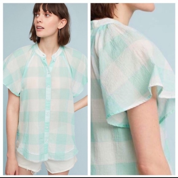 Anthropologie MAEVE Gingham button down Top green - Picture 1 of 8